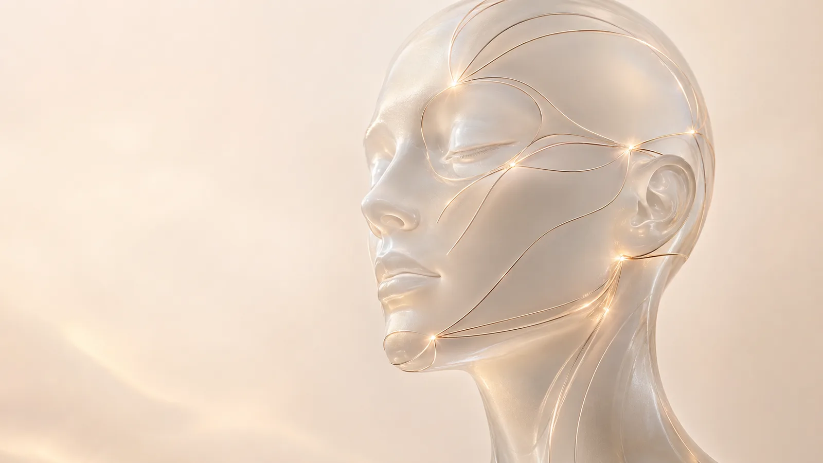 Busto translúcido com linhas douradas de mapeamento facial